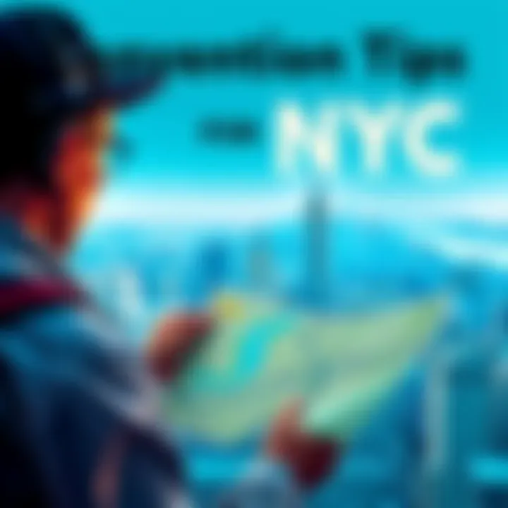 A traveler looking at a map with NYC skyline in the background, illustrating tips for attending a convention in New York City.