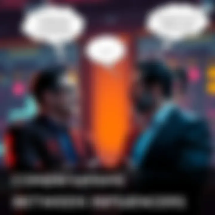 Two influential figures engaged in a lively discussion with thought bubbles illustrating their different viewpoints.