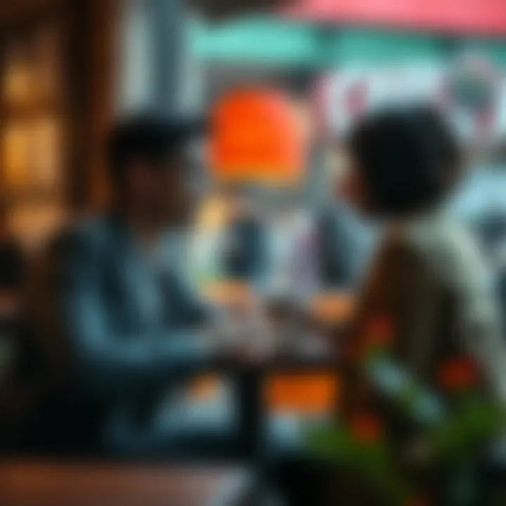 A man and a woman sitting at a cafe, deeply engaged in conversation over coffee, showing expressions of interest and understanding.