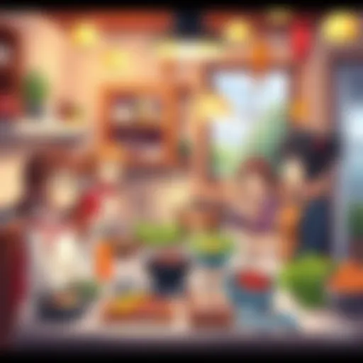 A cozy kitchen with animated characters happily cooking and sharing food, surrounded by colorful ingredients and cheerful decorations.