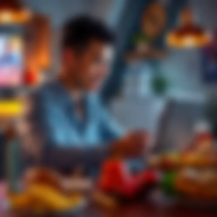 A person chatting about cooking on a laptop, with food items displayed nearby, showing a lively online discussion.