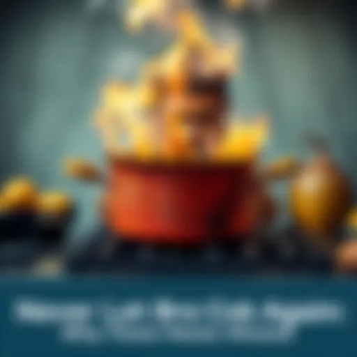 A burnt pot on a stove with smoke rising and a person looking frustrated