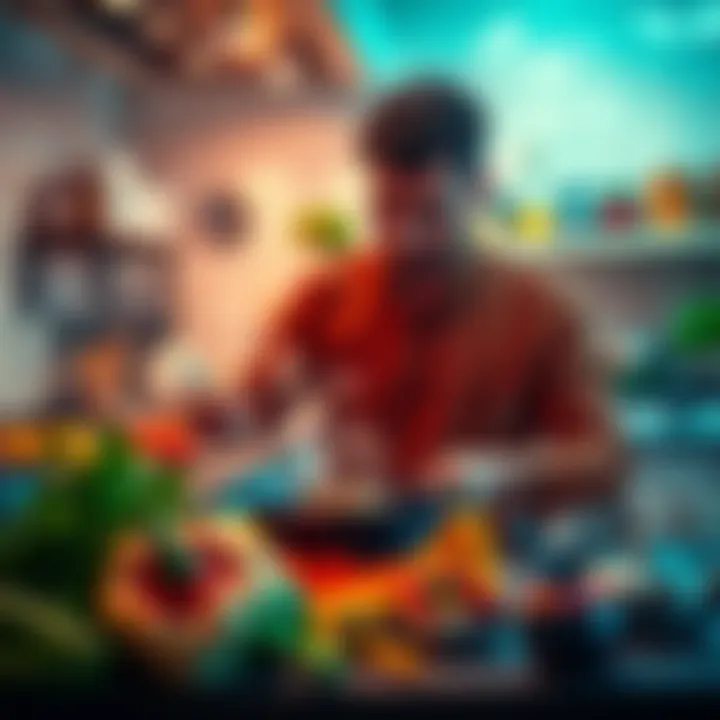A person experimenting with vibrant ingredients and a frying pan in a lively kitchen
