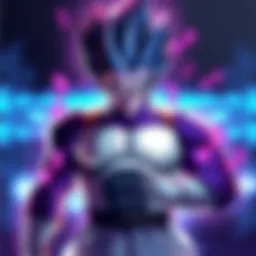Cooler stands confidently with a fierce look, surrounded by soundwave graphics and musical notes, representing his popular soundtracks in Dragon Ball Z games.