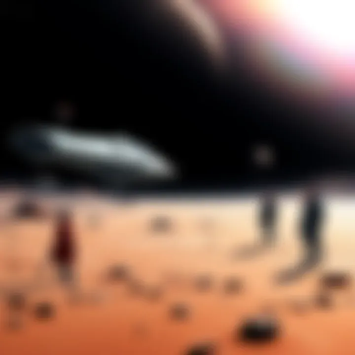 Cooler stands on a desolate planet with a single ship and three crew members nearby