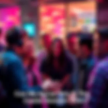 A group of people chatting excitedly about a unique domain name, showing their enthusiasm.