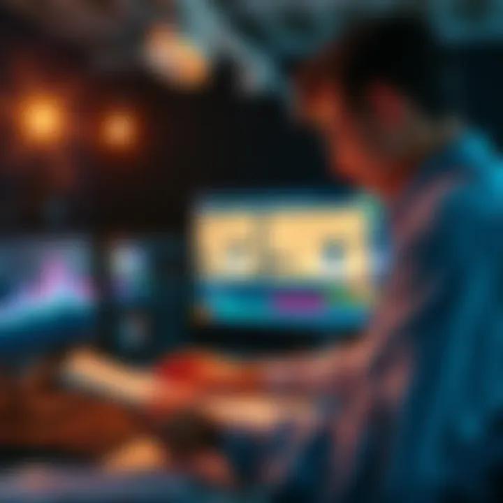 A person reviewing copyright law documents while looking at a video editing setup, contemplating the use of popular themes in videos.