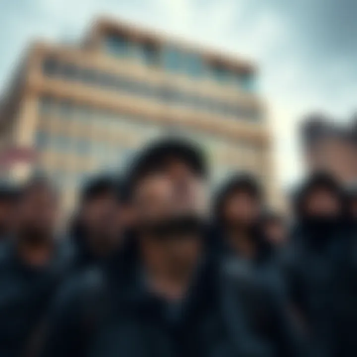 A group of workers looking distressed in front of a large corporate building, symbolizing the struggle against exploitation by capitalism.