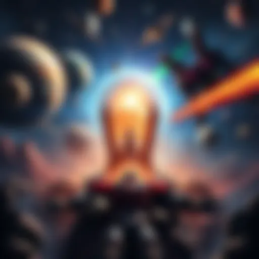 A dramatic scene of 12 fictional planets confronting cosmic entities Galactus and Unicron in a fierce battle.