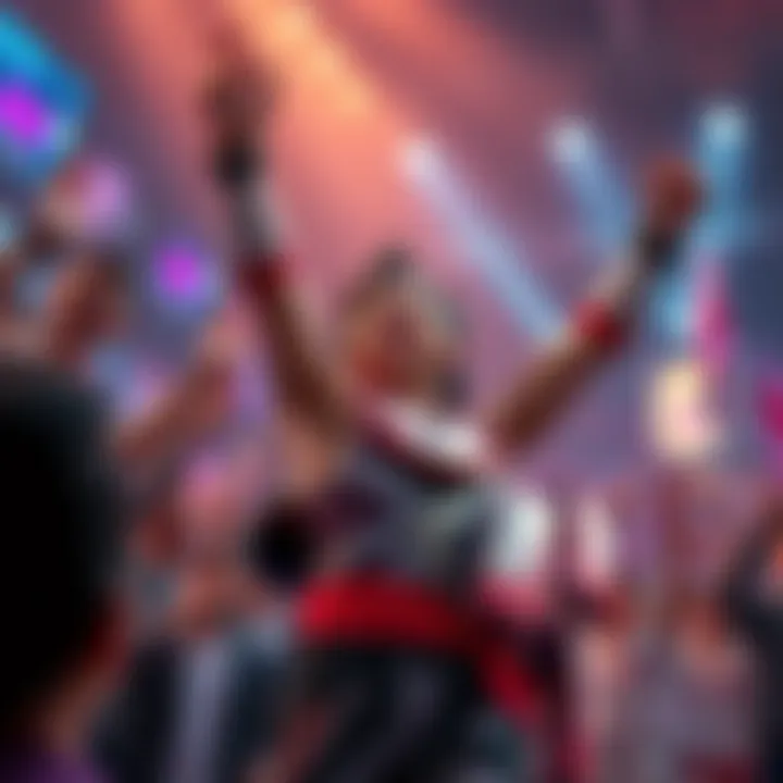 Cosmo celebrating victory Cosmo celebrates after defeating Julius in the Ganryu Tournament, showcasing a triumphant pose amid cheering fans.