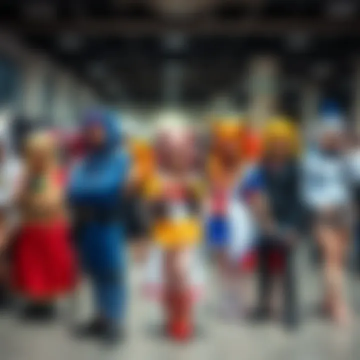 A group of people dressed in various anime costumes during an anime convention, showcasing their creative outfits, some are authentic while others are casual interpretations.