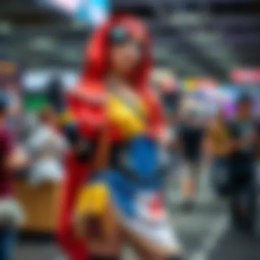 A person in a colorful cosplay outfit poses confidently at a convention, showcasing their unique costume and accessories.