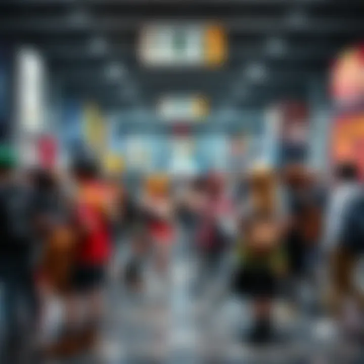 A group of people dressed as anime characters at a lively convention, showcasing costumes and excitement.