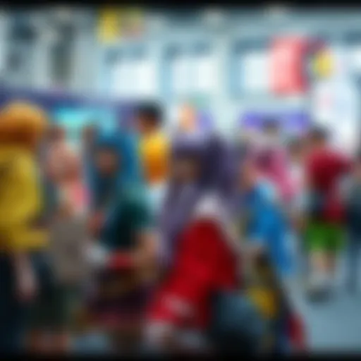 A group of people wearing colorful anime costumes at a lively convention, showcasing their favorite characters in a fun atmosphere.