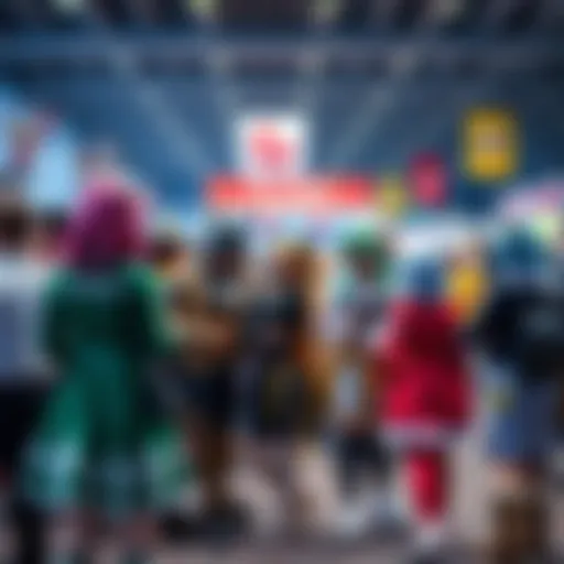 A group of people in colorful costumes representing various anime characters at a convention.