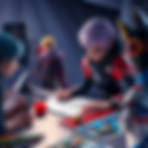 An artist sketching a cosplay character at a table filled with art supplies and reference images