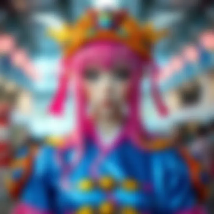 A vibrant cosplay costume showcasing detailed craftsmanship, reflecting a character brought to life with creativity