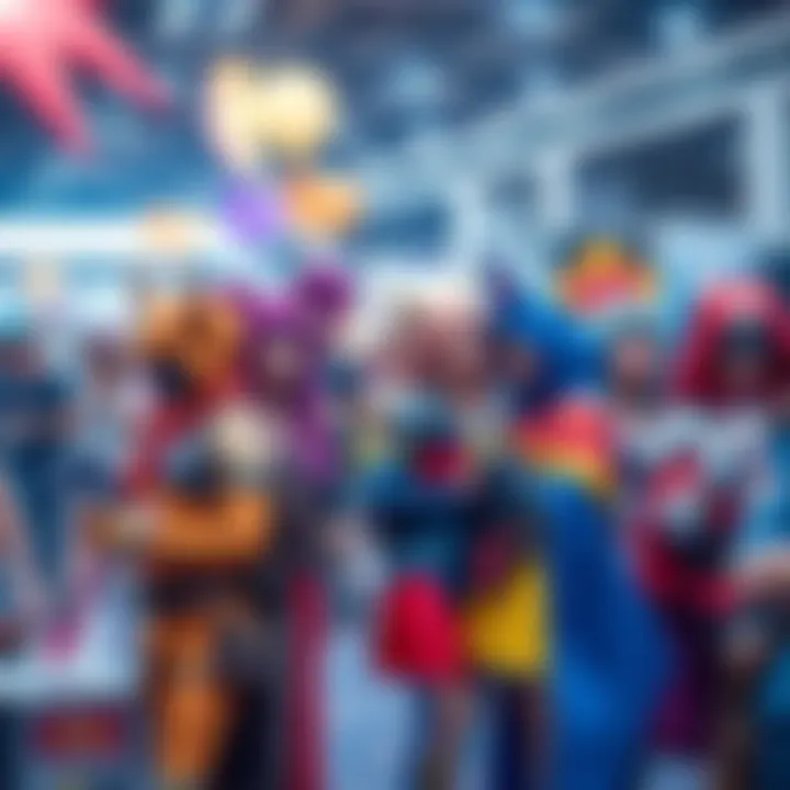 A group of cosplayers in colorful costumes enjoying a convention, showcasing their unique styles and creativity.