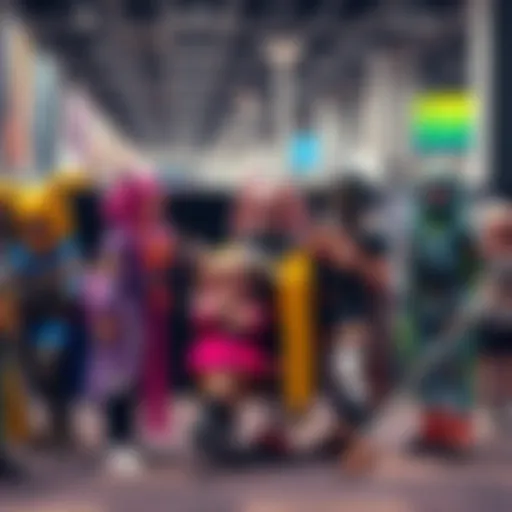 A group of cosplayers dressed as popular characters at a convention, showcasing colorful costumes and lively interactions.