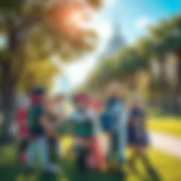 A group of people dressed as anime characters enjoying a sunny day in a park, showcasing vibrant costumes and community spirit.