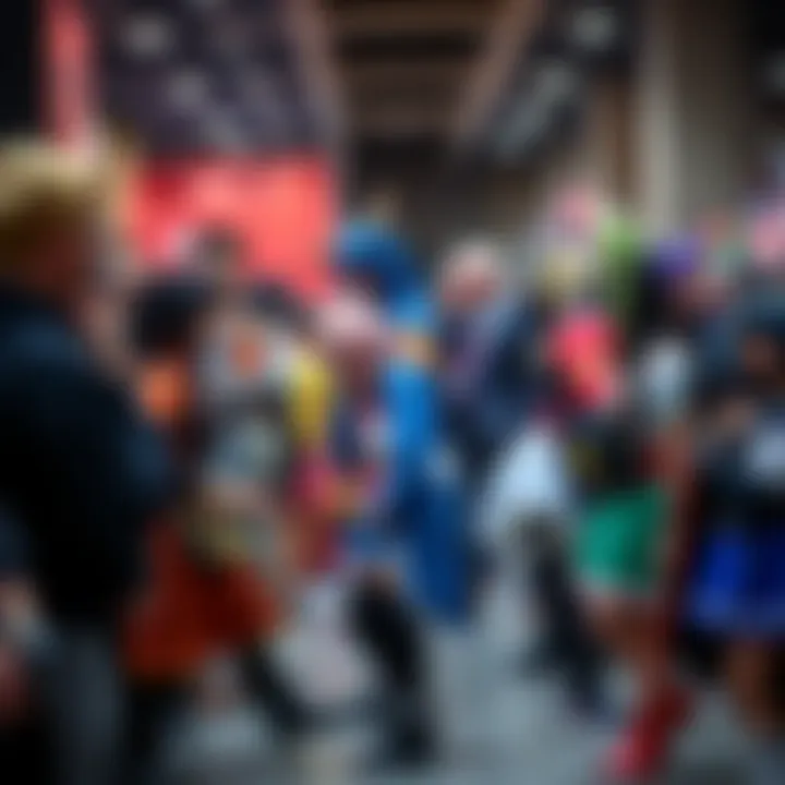 Cosplay Enthusiasts at Convention A group of cosplayers dressed as popular anime characters showcasing their costumes at a lively convention, engaging with fans and taking photos.