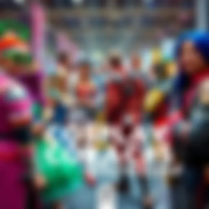 A group of diverse cosplayers in colorful costumes, engaged in a lively discussion at a convention, showcasing their unique character designs and creativity.