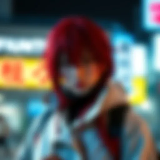 Cosplay Enthusiast in Fujimoto Style A cosplay enthusiast looking for a coat that matches Fujimoto's unique style, featuring long red hair and striking features.