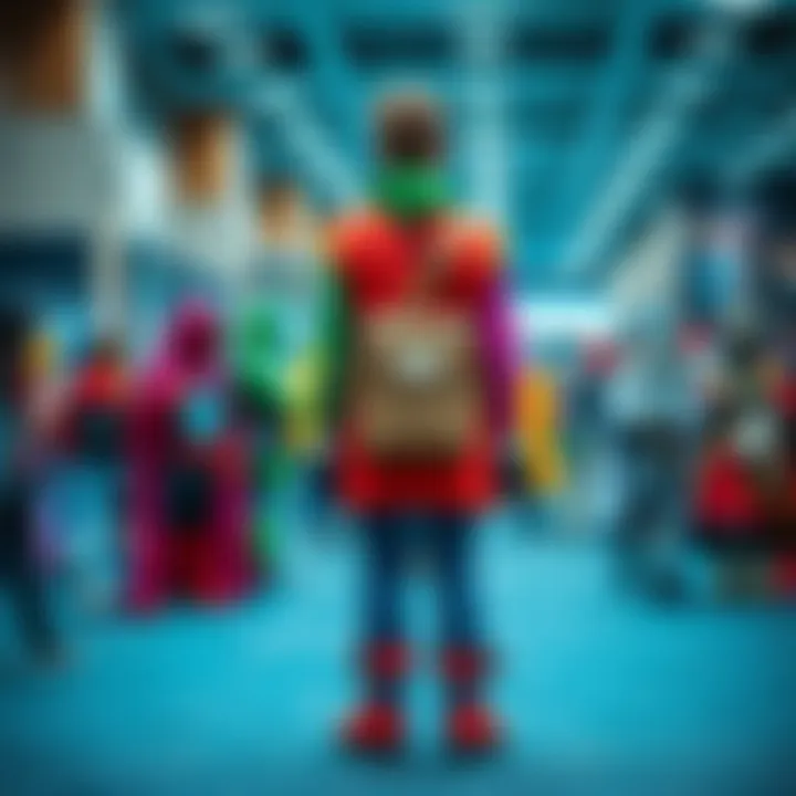 A person in colorful cosplay costume stands with a book bag at a convention, surrounded by fellow attendees in various costumes.