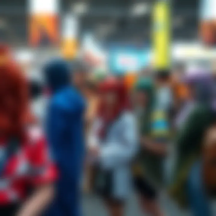 A group of people in colorful costumes inspired by anime characters gathered at a fan event.