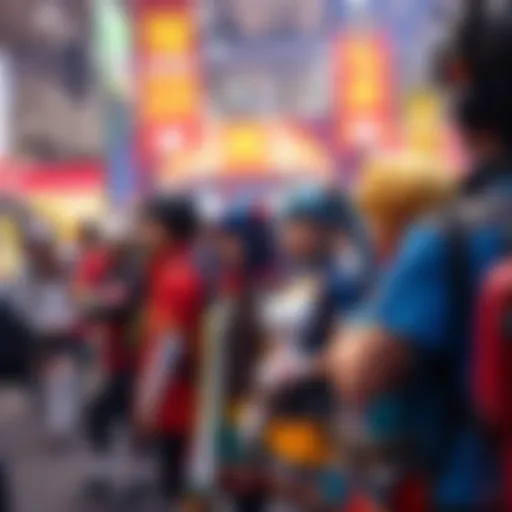 Group of fans dressed as popular anime characters at a vibrant cosplay event
