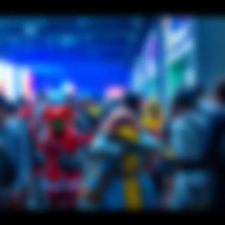 A vibrant scene at a cosplay event showing attendees in colorful costumes engaging with each other and taking photos.