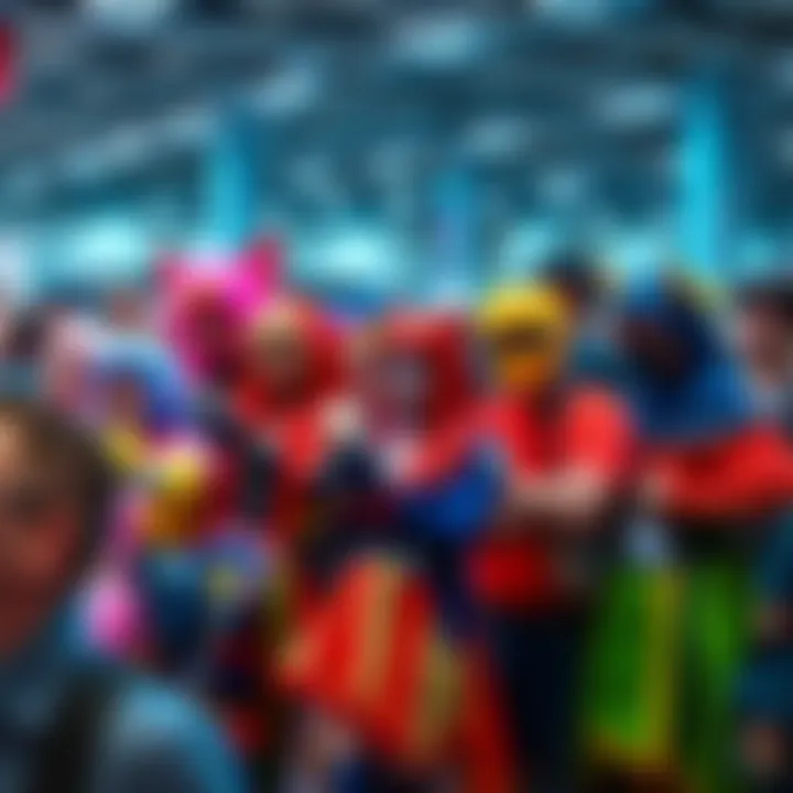 A group of people dressed in vibrant cosplay outfits representing various characters at a fan convention, showcasing their creativity and enthusiasm.