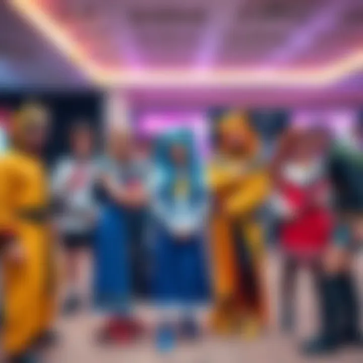 Friends posing together at a cosplay gathering, each in different anime costumes, smiling and enjoying the event.