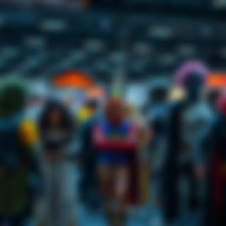 A group of cosplayers dressed as popular characters at a fan convention, showcasing their creativity and costumes.