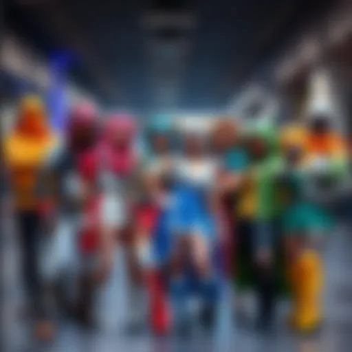 A group of people dressed in colorful cosplay costumes, posing together with excitement.