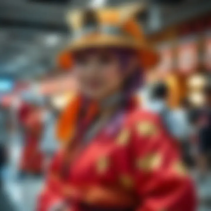 A vibrant cosplay character wearing traditional elements and modern outfit, showcasing a mix of culture and creativity at a convention.