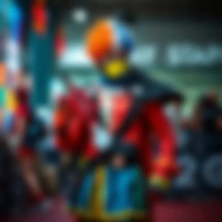 Person dressed in colorful cosplay costume, posing with props and accessories.