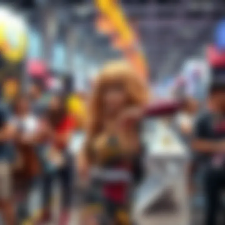 A vibrant scene featuring Adele Lavend showcasing her latest cosplay designs at a convention, surrounded by fans admiring her creativity.