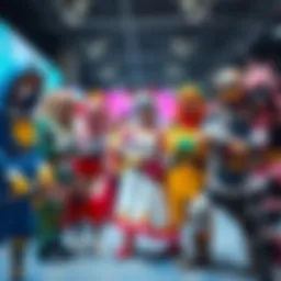 A group of cosplayers showcasing their detailed costumes during a test run event, featuring vibrant colors and character accuracy.
