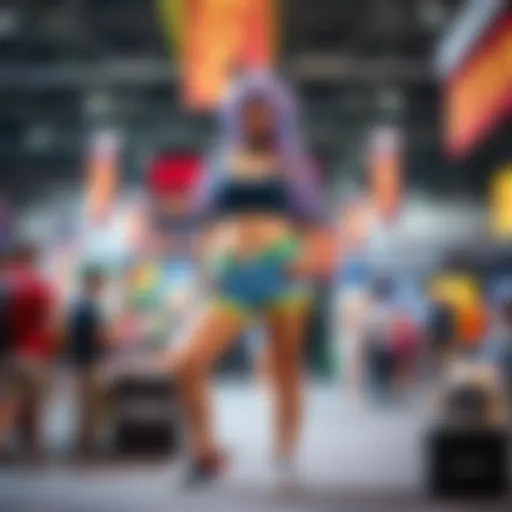 A person dressed in a colorful cosplay outfit featuring cheeky shorts, posing at Otakon, surrounded by fans and convention booths.
