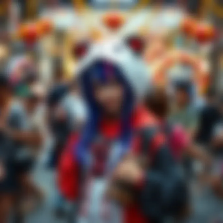 A person dressed in a colorful anime costume, showcasing their cosplay attire at a community event, surrounded by fans and decorations.