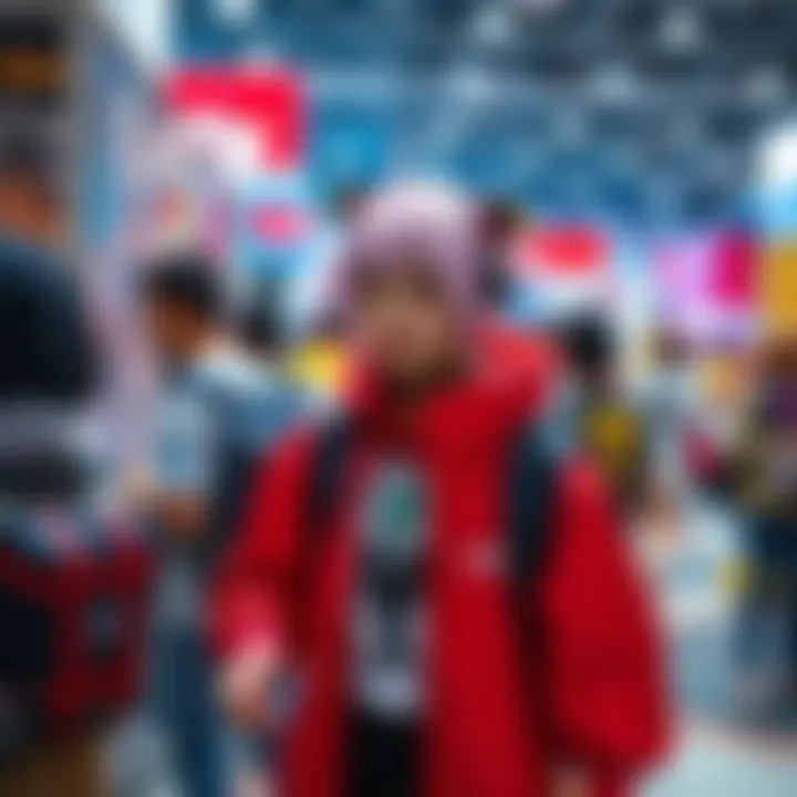 A person dressed as a popular anime character at a fan event, showcasing vibrant costumes and accessories.