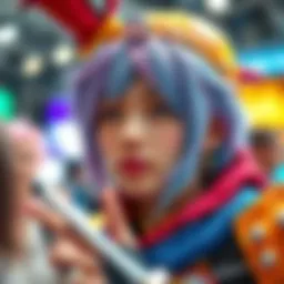 A cosplayer with a heartfelt expression, surrounded by colorful costume details, reflecting on the impact of criticism