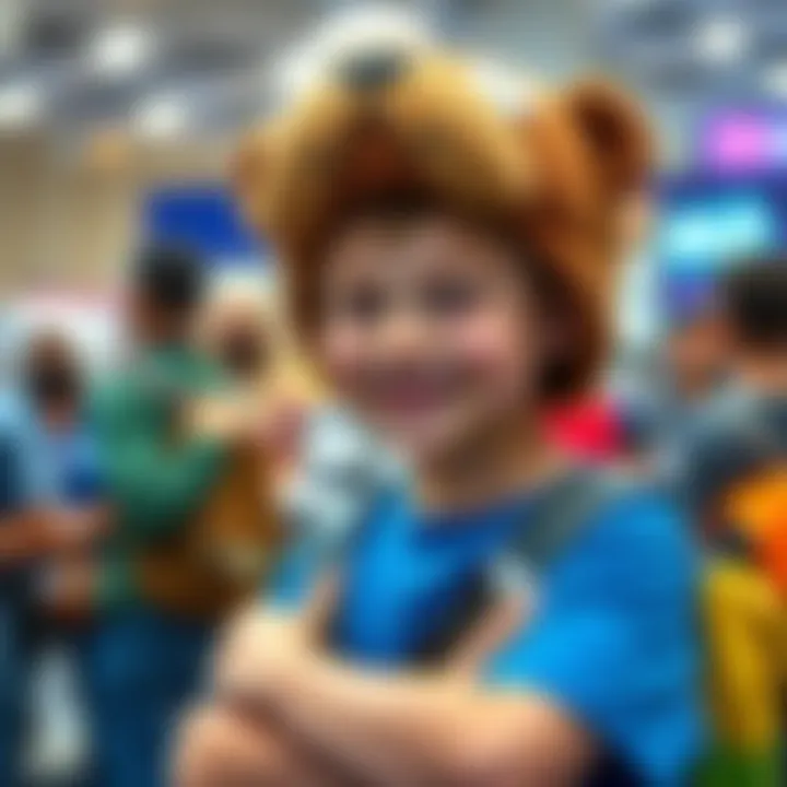 Young cosplayer dressed as Finn from Adventure Time A young fan in a blue shirt and a bear hat, resembling Finn from Adventure Time, poses happily at a cosplay event.