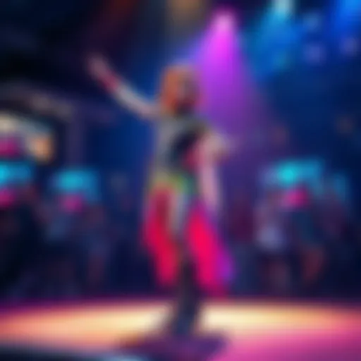 A cosplayer striking a dynamic pose on stage, showcasing a vibrant costume and confident expression, surrounded by an enthusiastic audience.