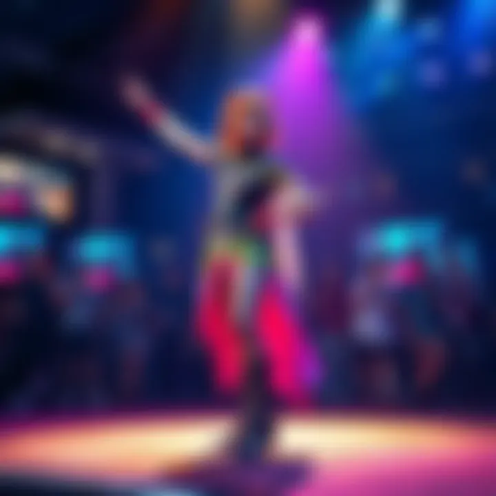 A cosplayer striking a dynamic pose on stage, showcasing a vibrant costume and confident expression, surrounded by an enthusiastic audience.