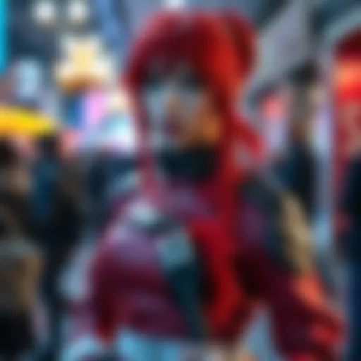A cosplayer with bright red hair wearing a costume inspired by the character Riyo, standing with a determined expression