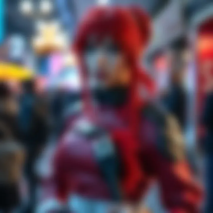 A cosplayer with bright red hair wearing a costume inspired by the character Riyo, standing with a determined expression