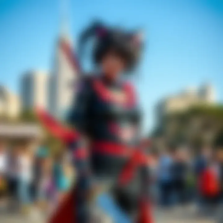 A person in a Ryuko cosplay costume stands in a city park, surrounded by people. The costume features a black outfit with red accents and a sword. The cosplayer smiles, inviting others to join in cosplay activities.