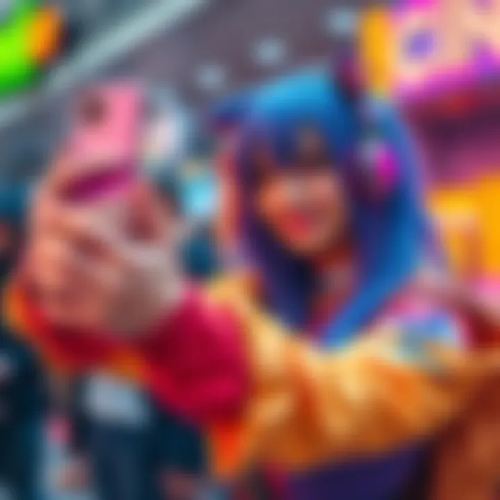 A popular cosplayer poses for a selfie, showcasing their colorful costume and interacting with fans online.